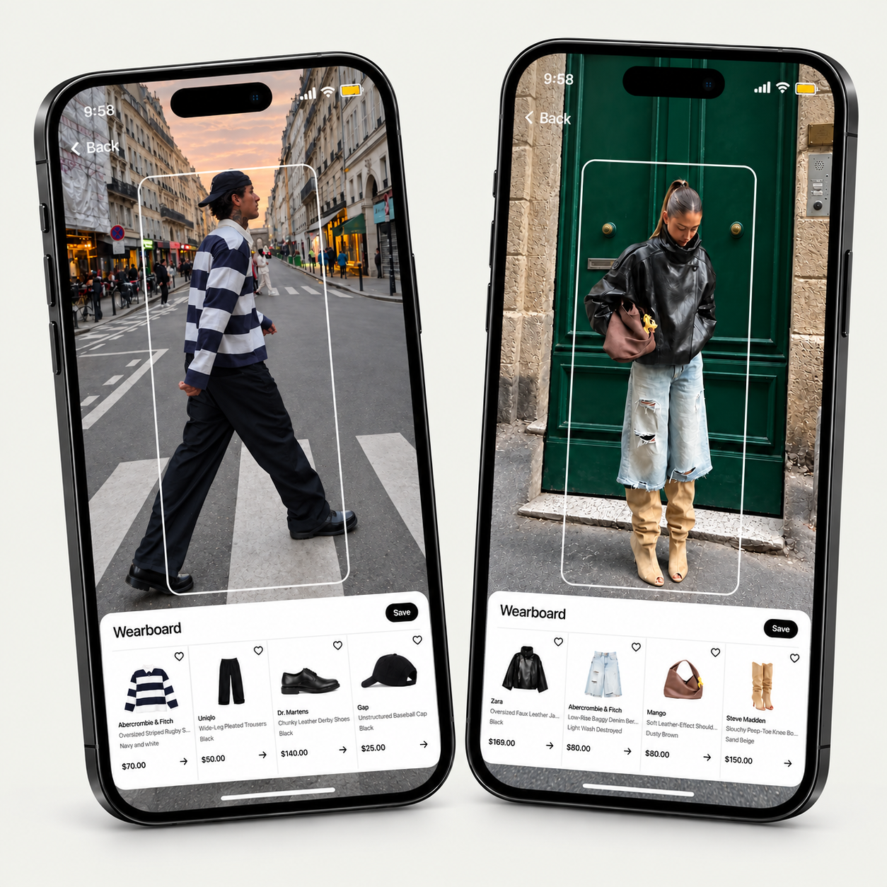 Two realistic iPhone mockups showing Wearboard finding the pieces in a man's and a woman's streetwear outfits